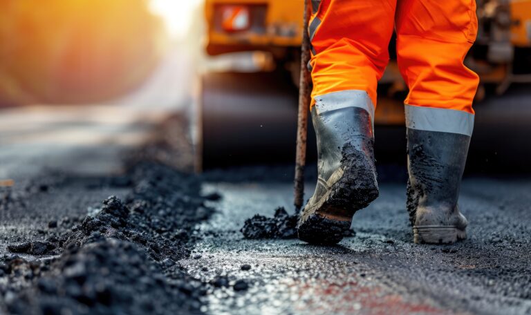 road worker orange overalls renovates section road with hot asphalt against background road roller blur road repair concept place text copy space 1 Asfalt Uygulamalarında İş Güvenliği Standartları | Güven Asfalt