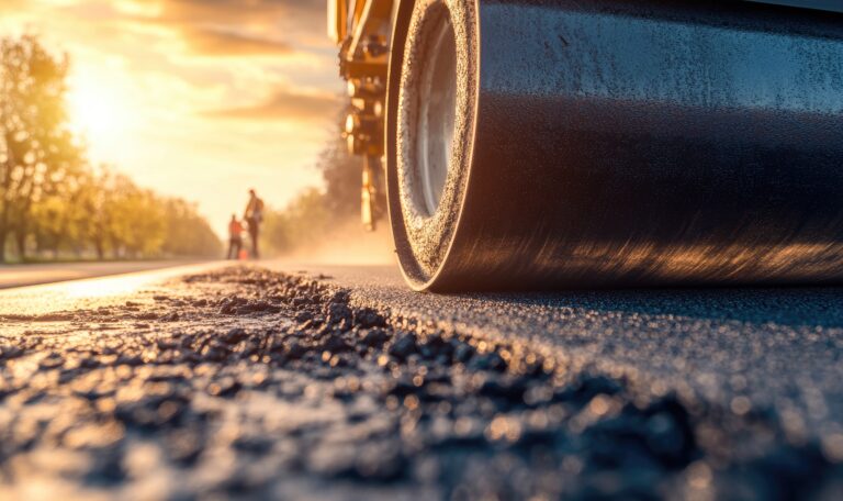 drum ride roller compacting freshly laid tarmac roadworks new footpath construction Bitüm ve Asfaltta Kalite Standartları: Uluslararası Sertifikalar | Güven Asfalt